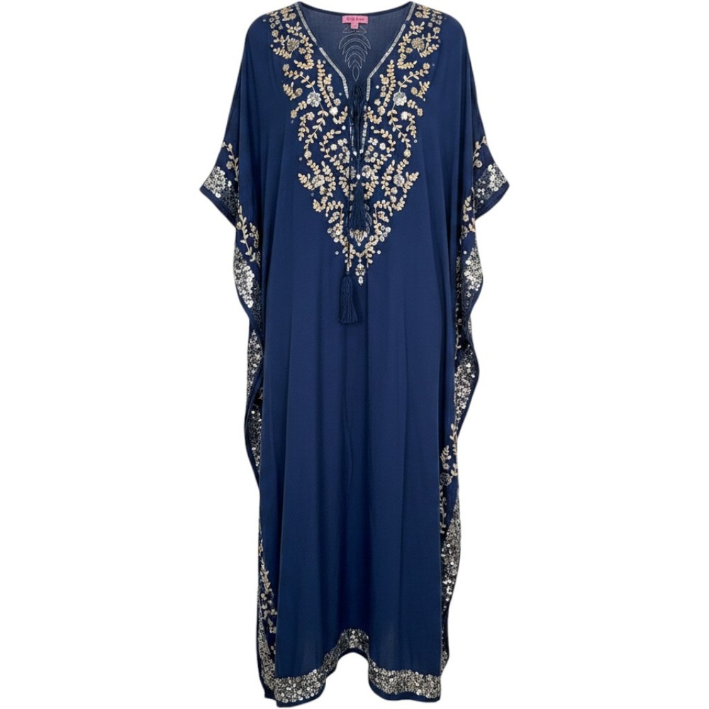 Ruby Yaya Navy Blue Sequin Embroidered Kaftan Maxi Dress OS Boho Tassel V-Neck